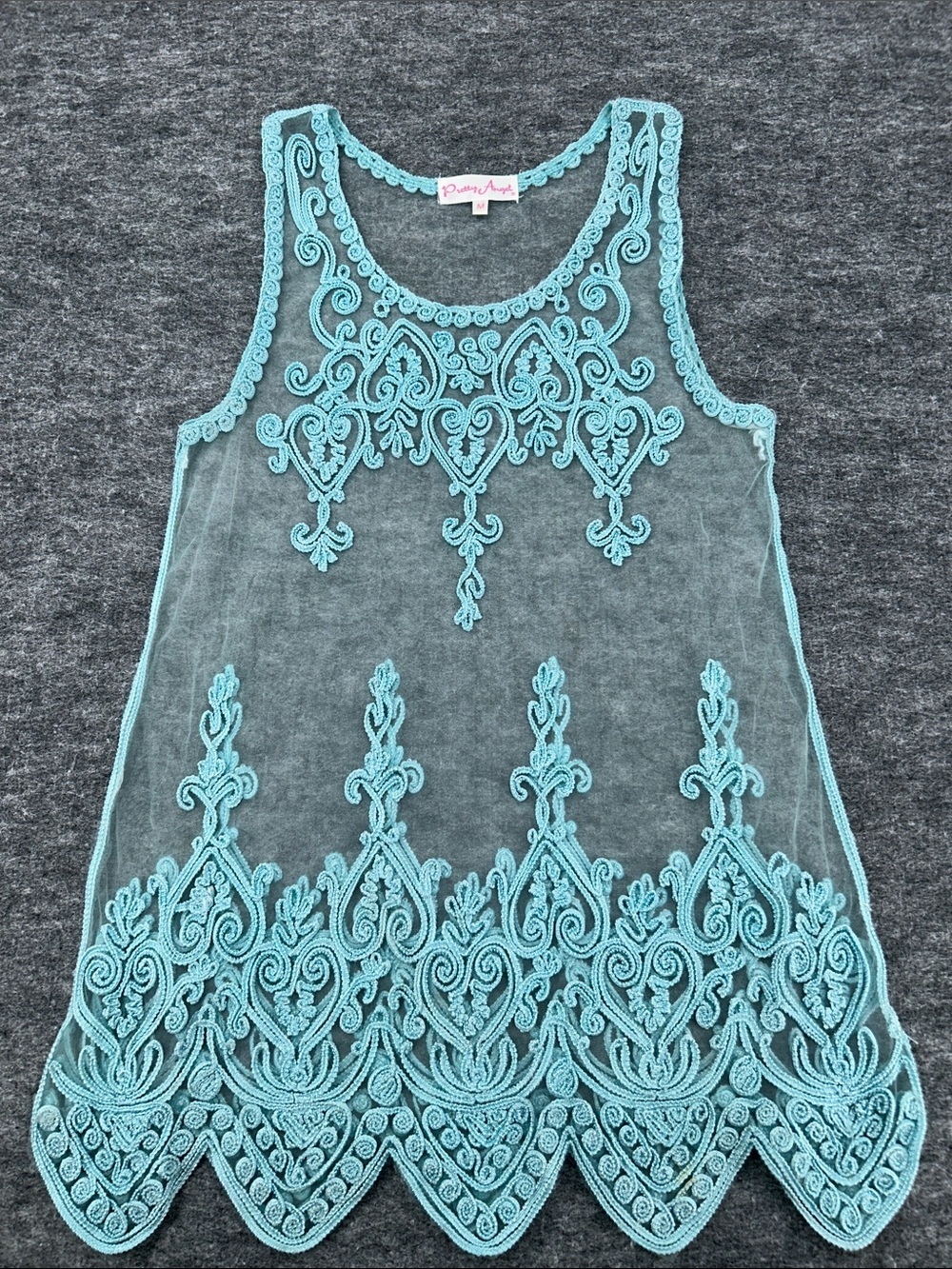 Pretty Angel Aqua Lace Sheer Tunic Tank Top Silk Blend Wide Strap Size Medium
